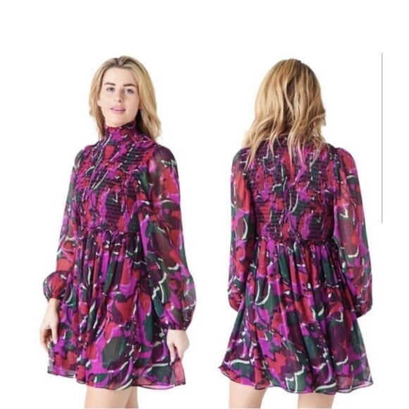 Misa Los Angeles Dresses & Skirts - MISA Los Angeles Jessa Dress S Pink Purple Floral Lurex Smocked Mini Mock Neck